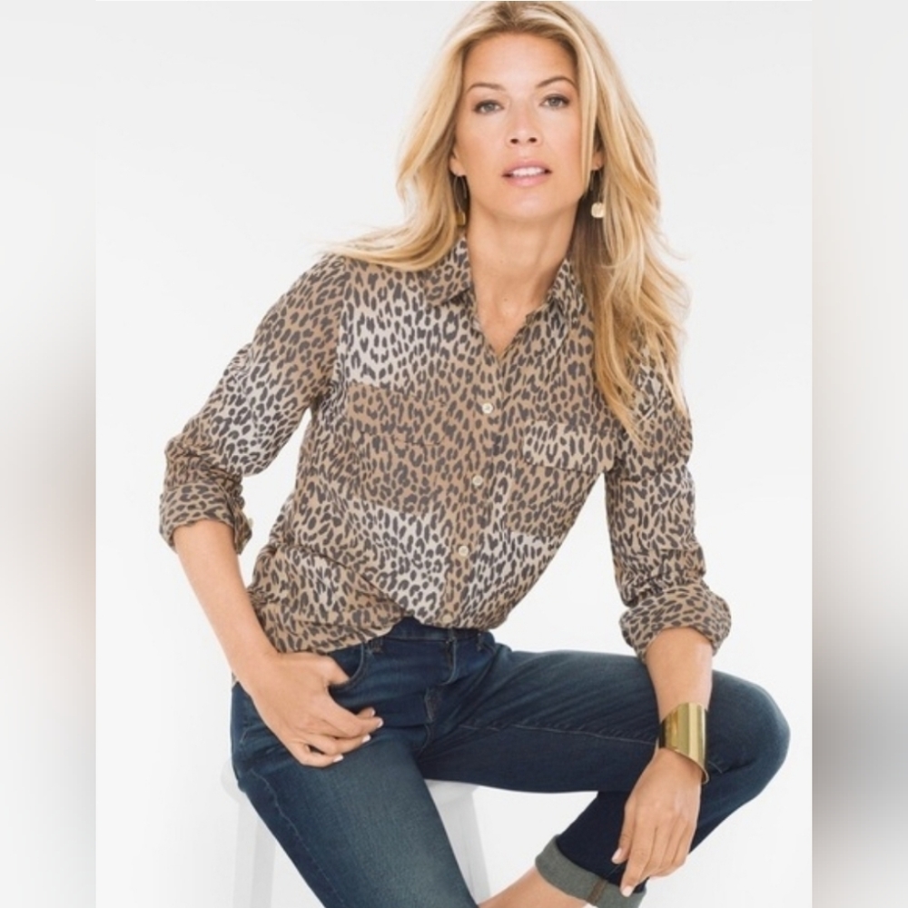 Chico's Leopard Print No-Iron Modal Blend Button Down Blouse Size 2 (Lg) Ombre - Picture 2 of 14